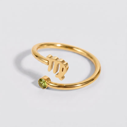 Anel signo do zodíaco Virgem dourado com pedra Peridoto