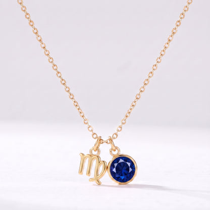 Colar signo do zodíaco Virgem dourado com pedra de nascimento Safira