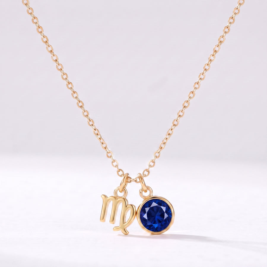 Colar signo do zodíaco Virgem dourado com pedra de nascimento Safira