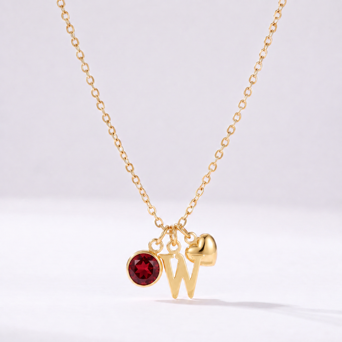Colar letra W dourado com pedra de nascimento e coração