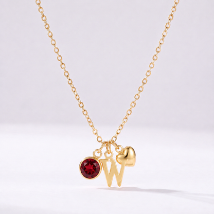 Colar letra W dourado com pedra de nascimento e coração