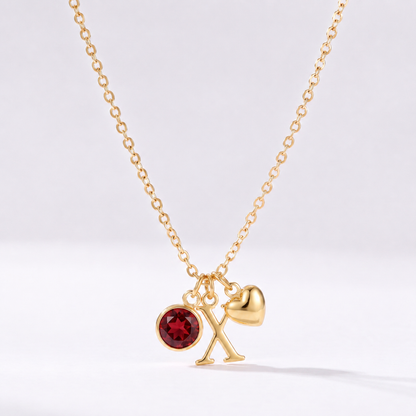 Colar letra X dourado com pedra de nascimento e coração