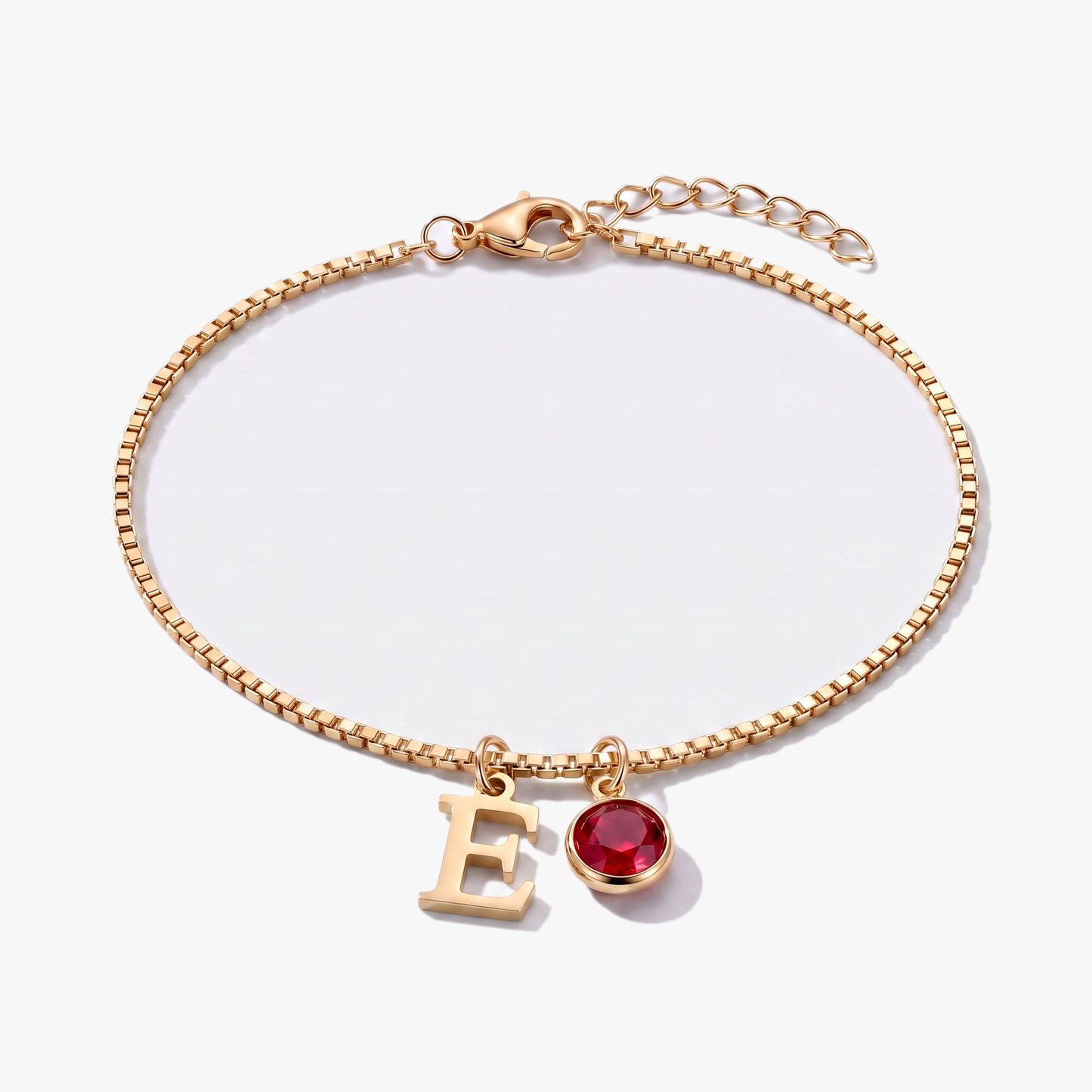 Pulseira letra E dourada com pedra de nascimento Janeiro — Granada