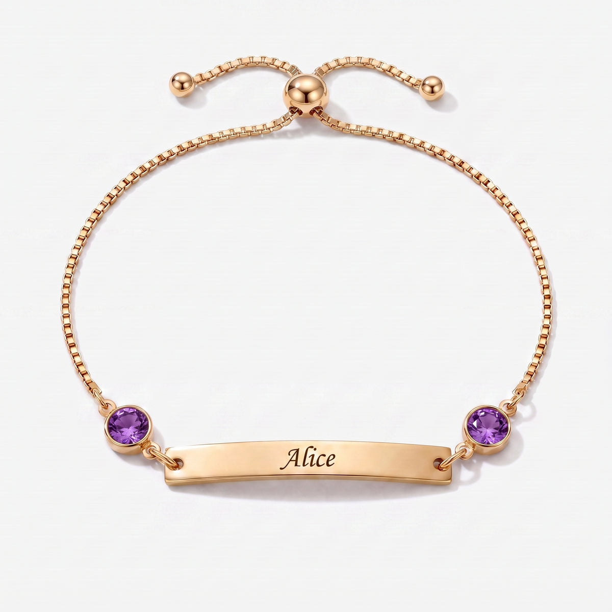 Pulseira Personalizada com Nome, Chapa e Pedra de Nascimento dourada — Fevereiro, Ametista — chapa gravável e duas pedras