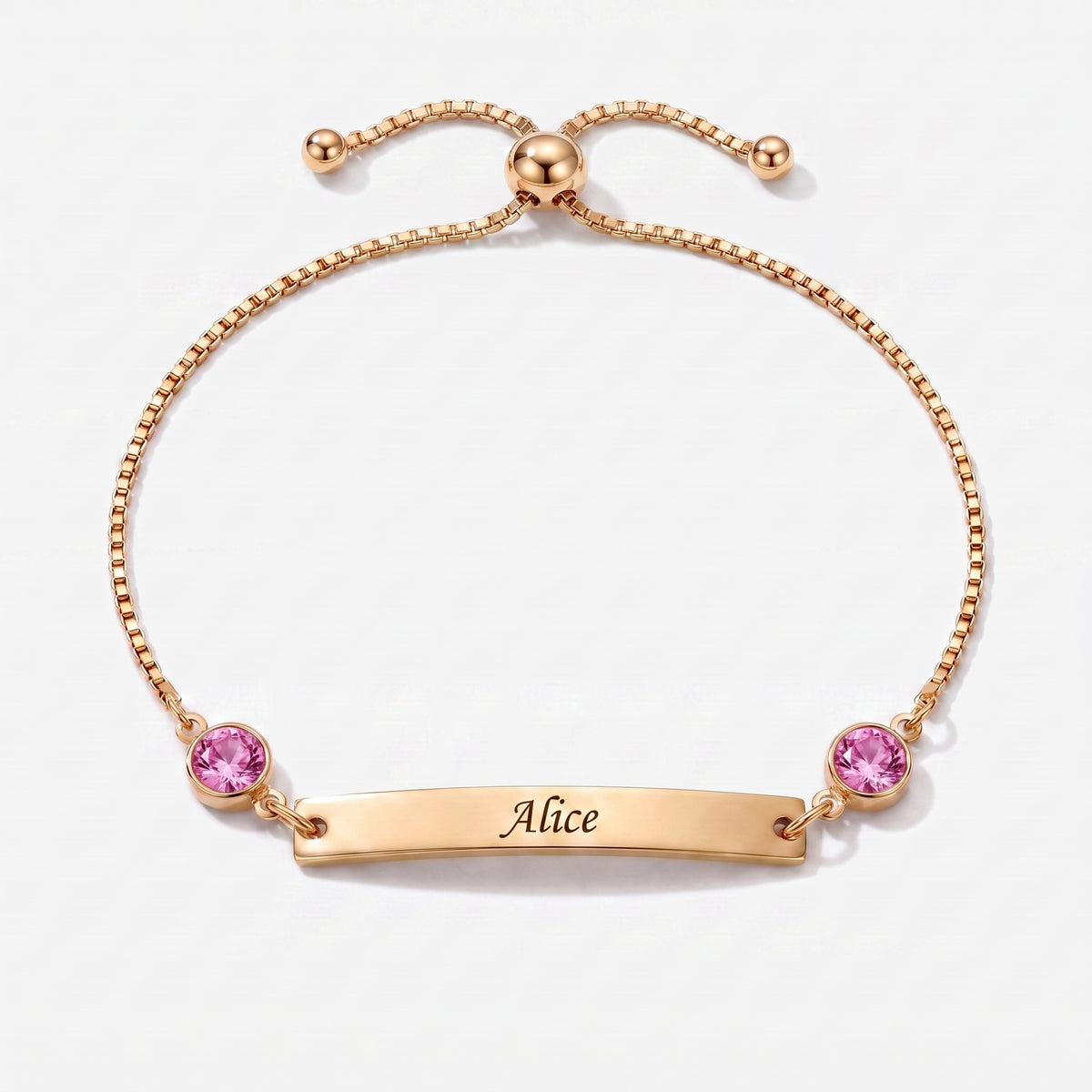 Pulseira Personalizada com Nome, Chapa e Pedra de Nascimento dourada — Junho, Alexandrite — chapa gravável e duas pedras