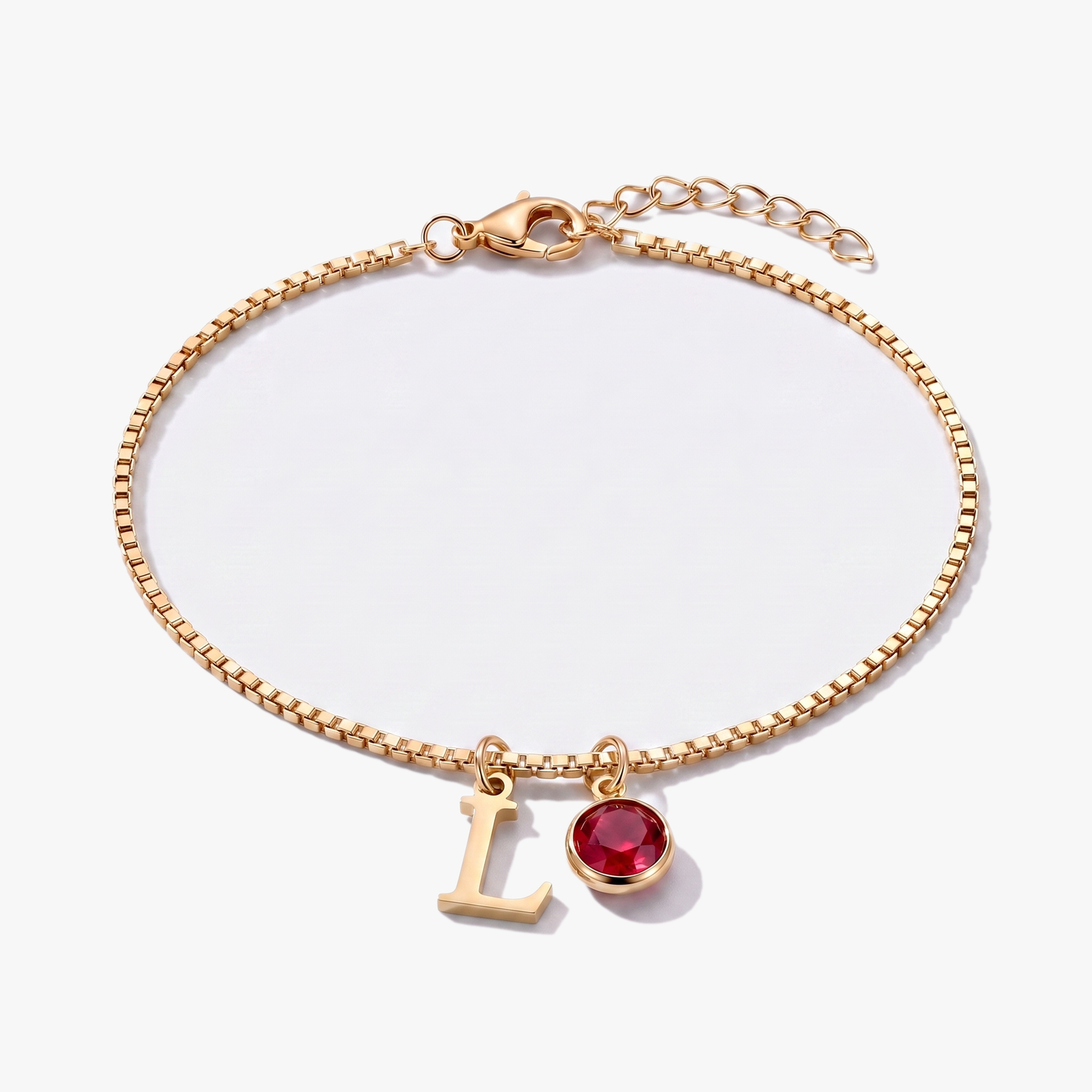 Pulseira letra L dourada com pedra de nascimento Janeiro — Granada