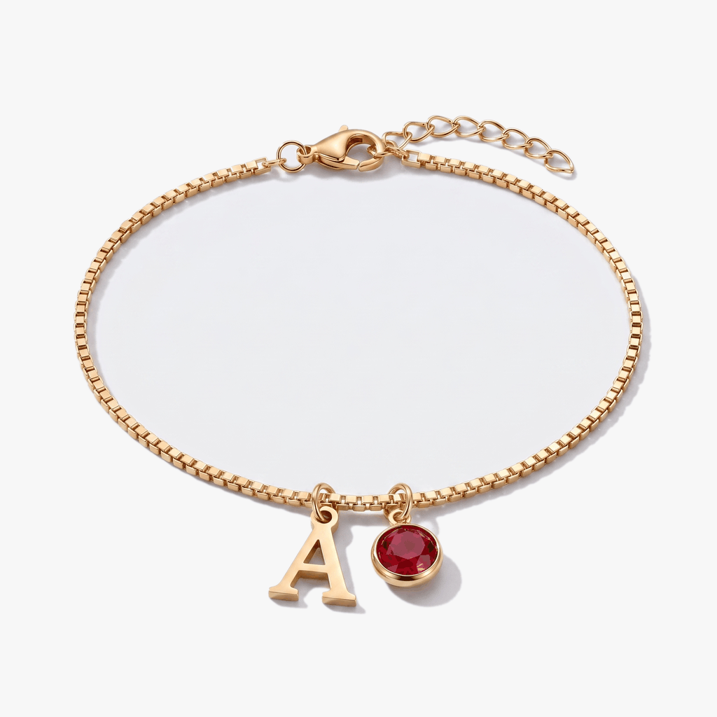 Pulseira letra A — pedras de nascimento por mês (GIF)
