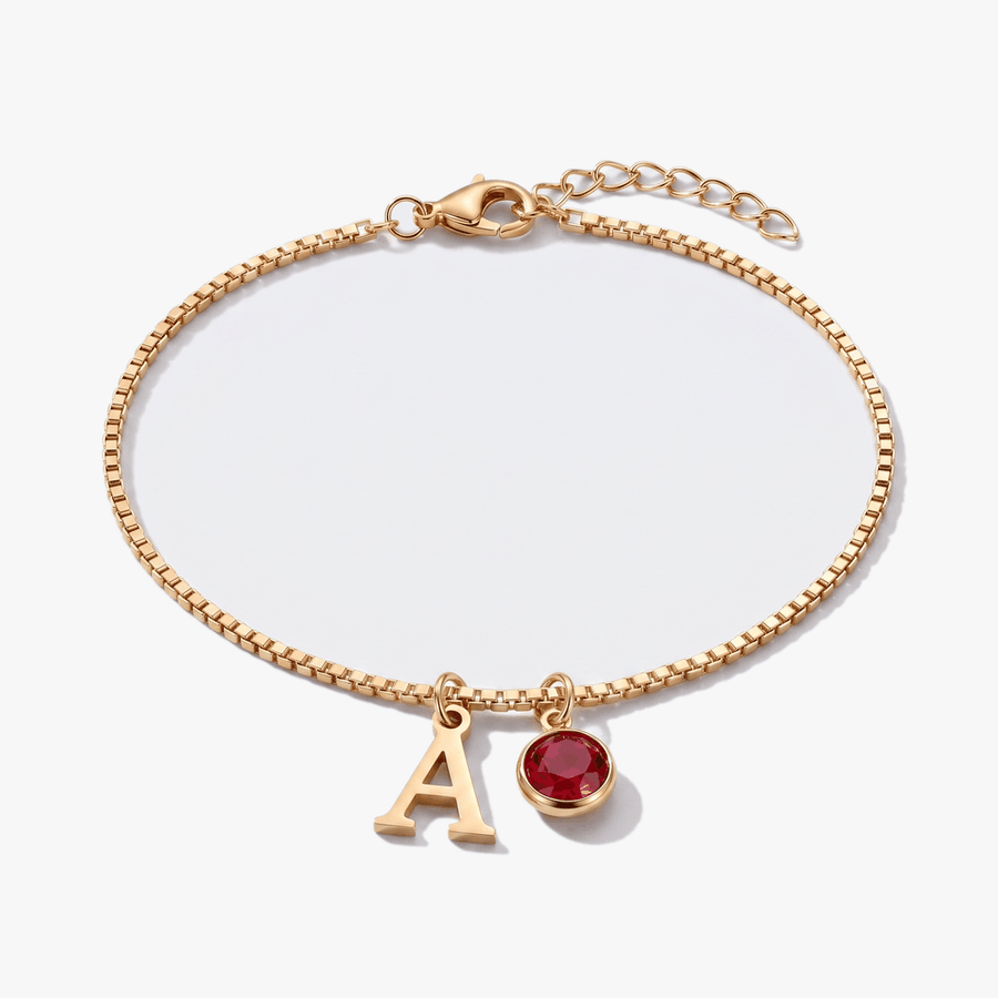 Pulseira letra A — pedras de nascimento por mês (GIF)