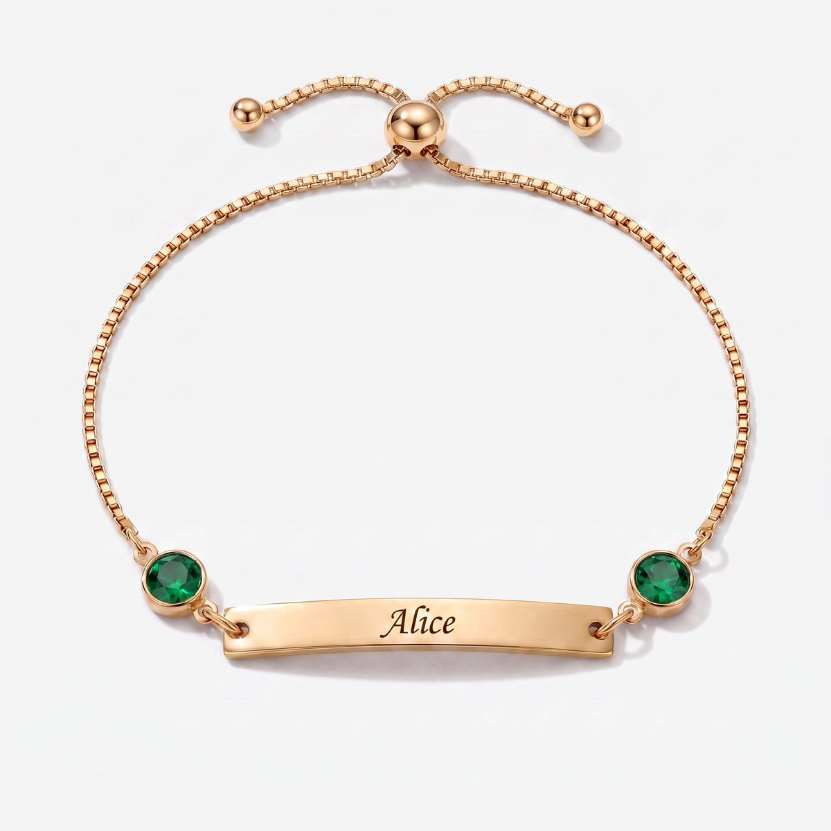 Pulseira Personalizada com Nome, Chapa e Pedra de Nascimento dourada — Maio, Esmeralda — chapa gravável e duas pedras
