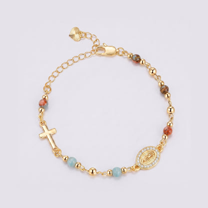 Pulseira Ave Maria com pedras naturais — contas mistas coral, castanhas e azuis
