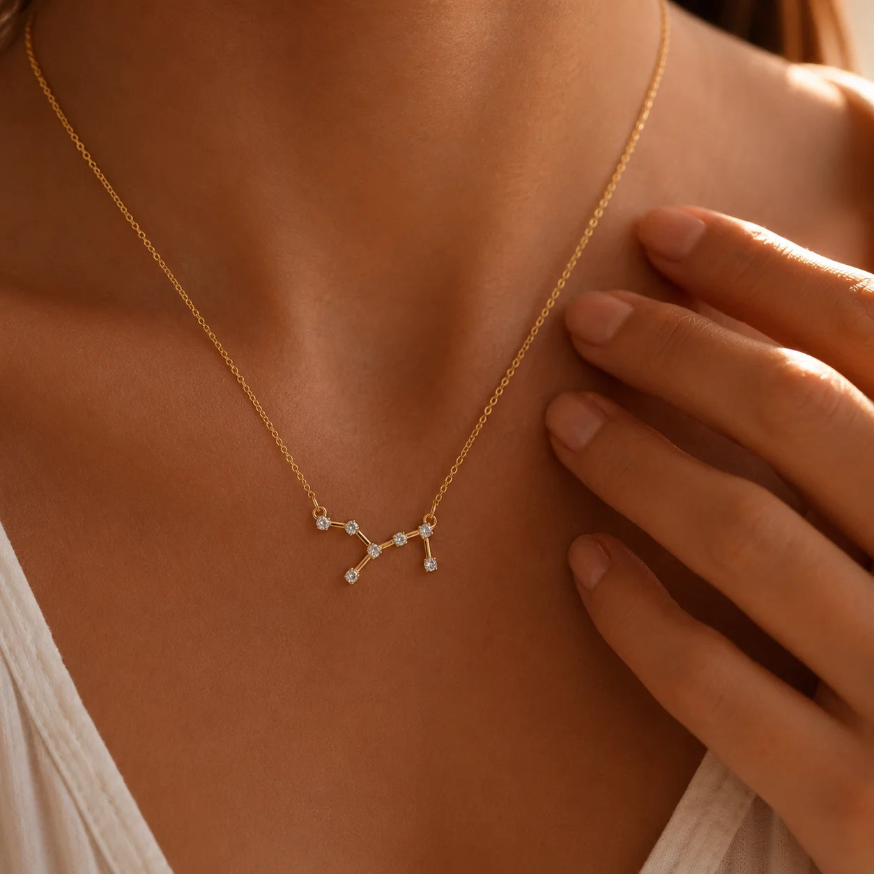 Colar constelação Virgem dourado no modelo com cristais