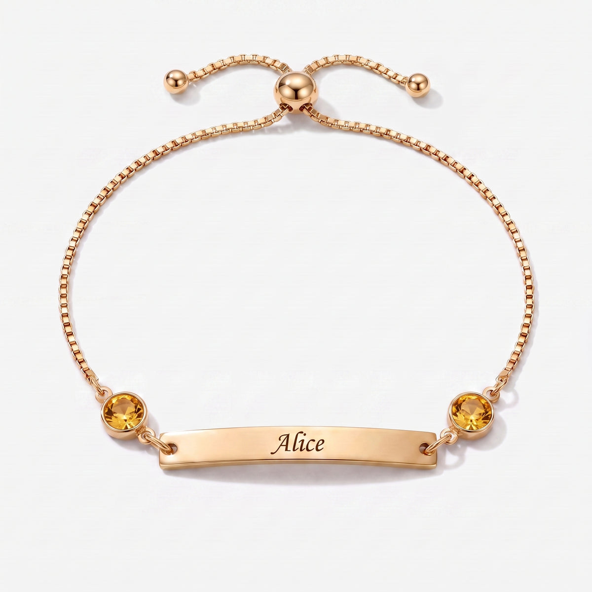 Pulseira Personalizada com Nome, Chapa e Pedra de Nascimento dourada — Novembro, Topázio — chapa gravável e duas pedras