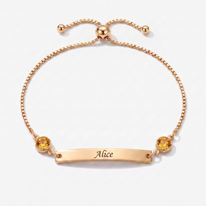 Pulseira Personalizada com Nome, Chapa e Pedra de Nascimento dourada — Novembro, Topázio — chapa gravável e duas pedras