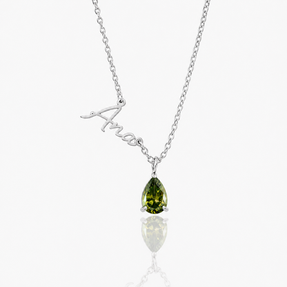 Colar Nome e Pedra de Nascimento prateado — Agosto — Peridoto