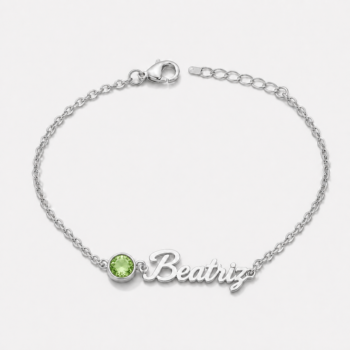 Pulseira Nome e Pedra de Nascimento prateada — Agosto — Peridoto, nome Beatriz