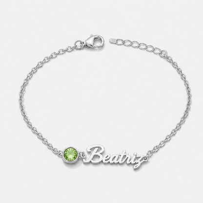 Pulseira Nome e Pedra de Nascimento prateada — Agosto — Peridoto, nome Beatriz