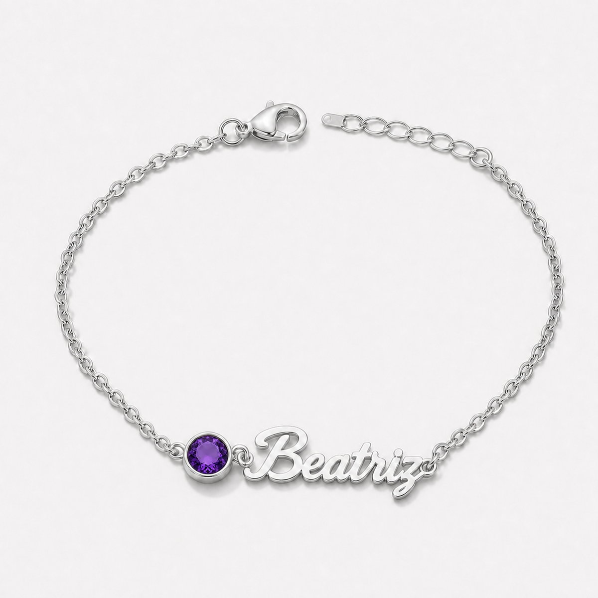 Pulseira Nome e Pedra de Nascimento prateada — Fevereiro — Ametista, nome Beatriz