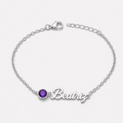 Pulseira Nome e Pedra de Nascimento prateada — Fevereiro — Ametista, nome Beatriz