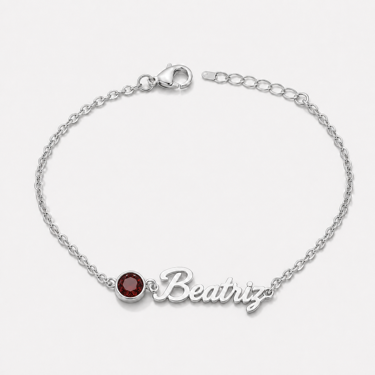 Pulseira Nome e Pedra de Nascimento prateada — Janeiro — Granada, nome Beatriz