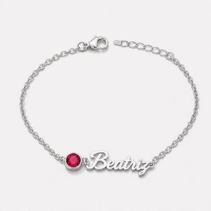 Pulseira Nome e Pedra de Nascimento prateada — Julho — Rubi, nome Beatriz
