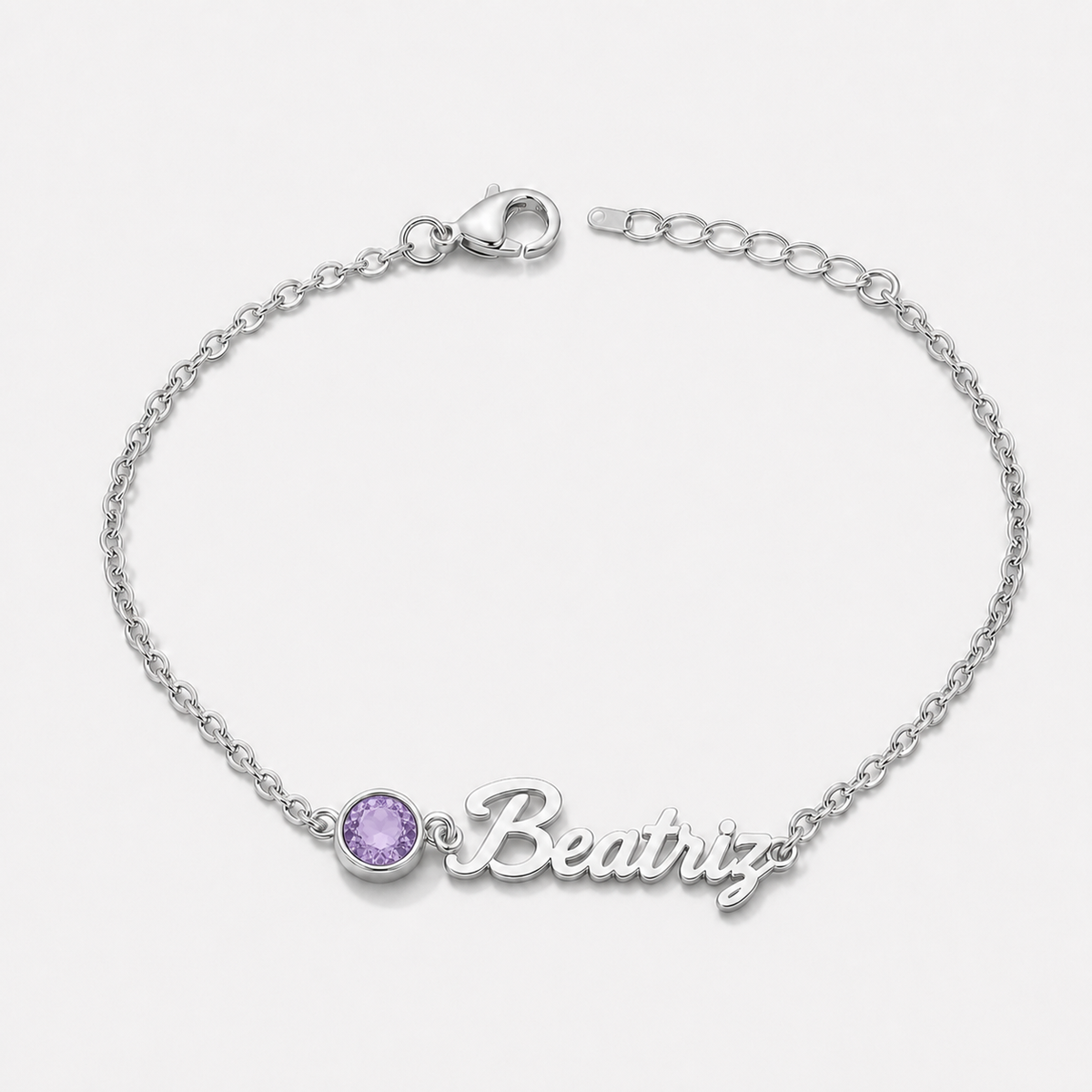 Pulseira Nome e Pedra de Nascimento prateada — Junho — Alexandrite, nome Beatriz
