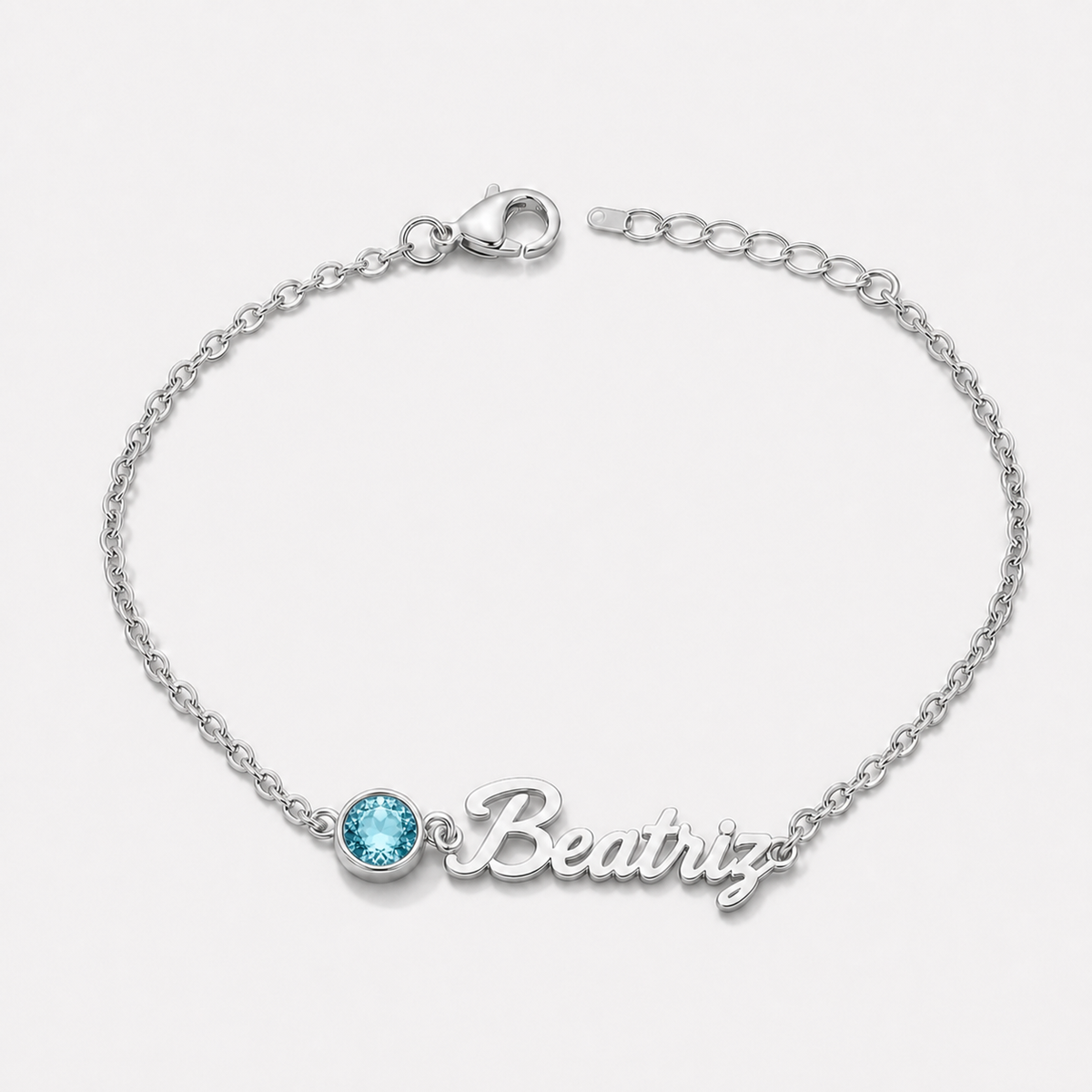 Pulseira Nome e Pedra de Nascimento prateada — Março — Água-marinha, nome Beatriz