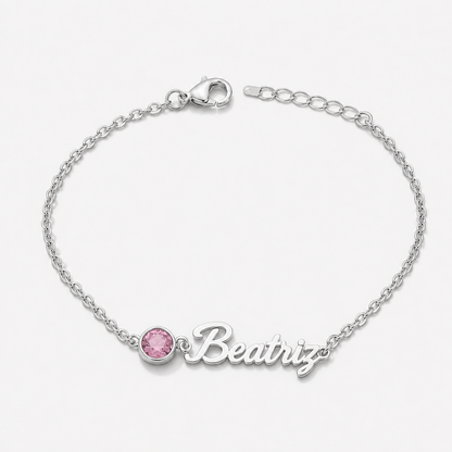 Pulseira Nome e Pedra de Nascimento prateada — Quartzo Rosa (Outubro), nome Beatriz