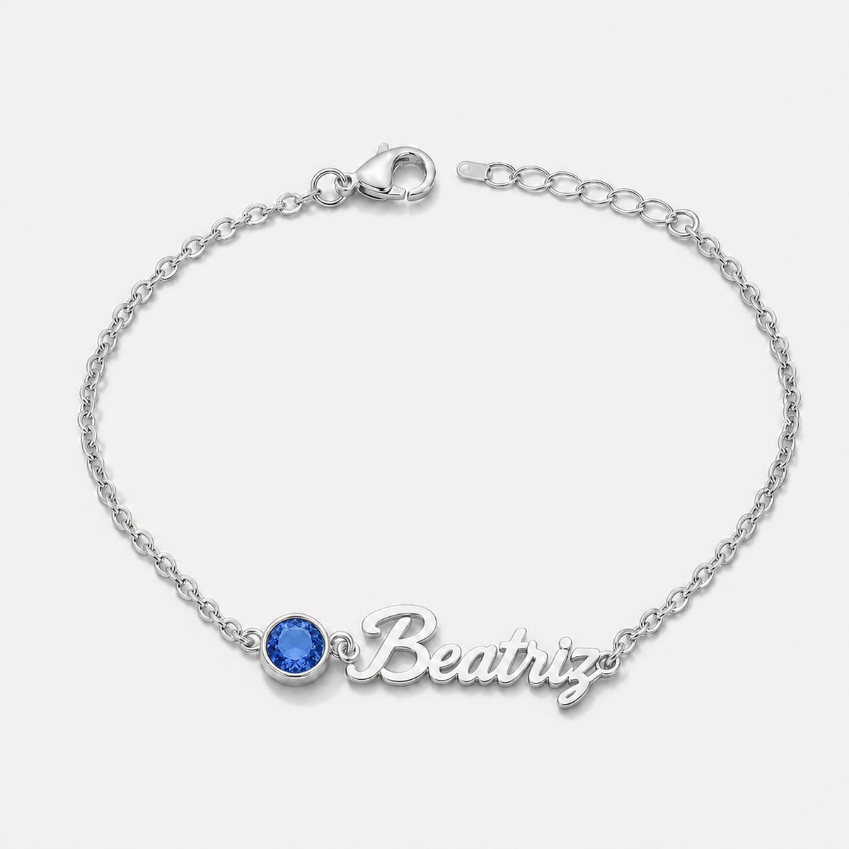 Pulseira Nome e Pedra de Nascimento prateada — Setembro — Safira, nome Beatriz