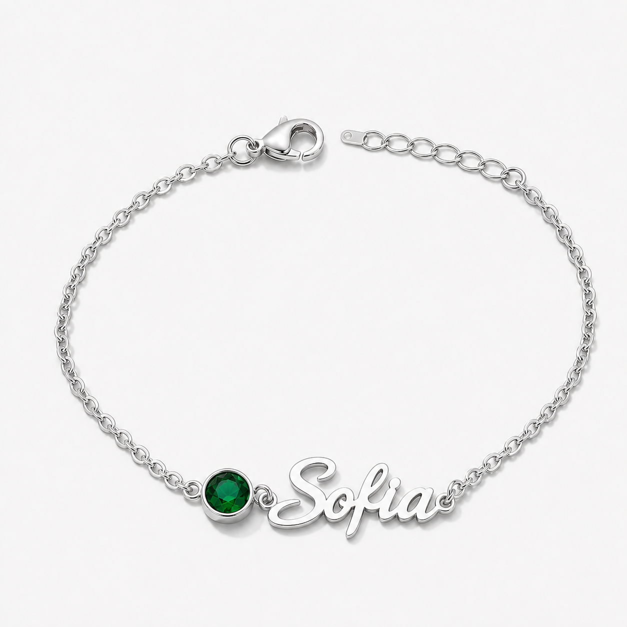 Pulseira Nome e Pedra de Nascimento prateada — Esmeralda (Maio), nome Sofia