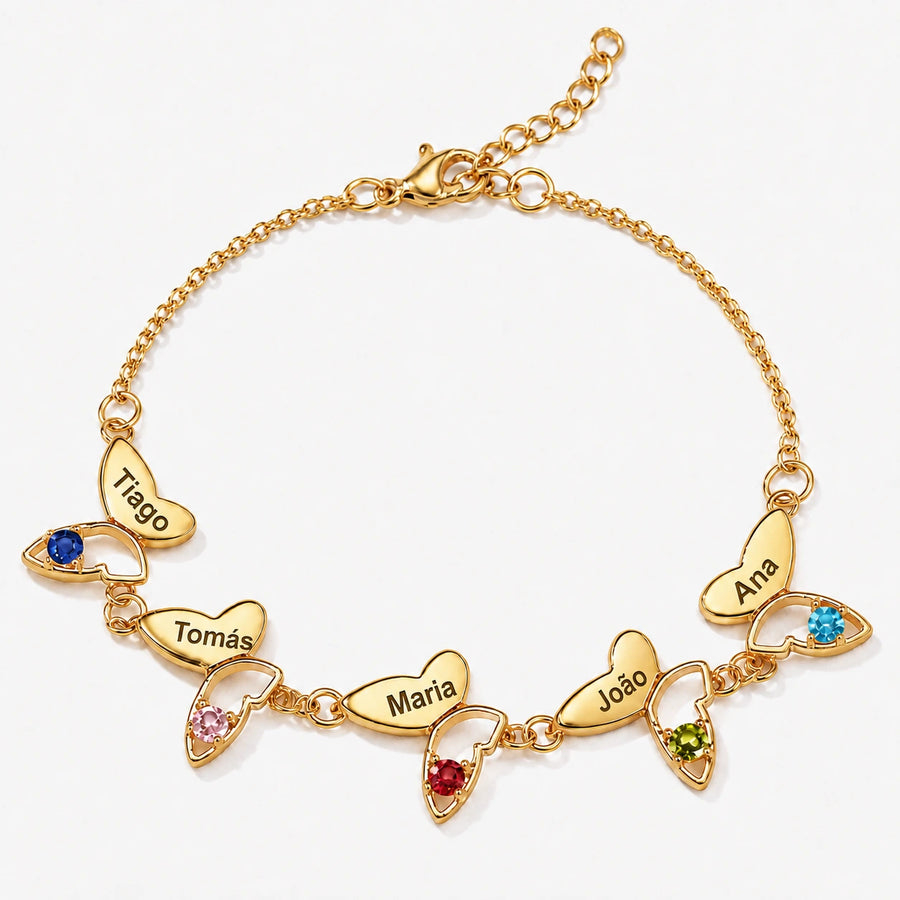 Pulseira Borboleta personalizada dourada com cinco nomes e pedras de nascimento